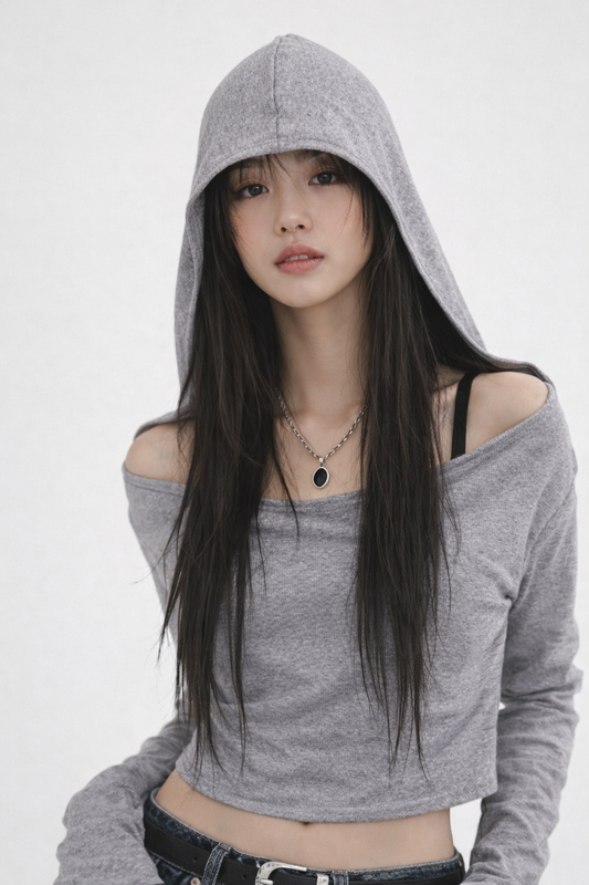 Vintage Hoodie Long Sleeve T Shirt Women Y2K Gray off Shoulder Top Sexy Cropped Tees Shirt Basic Blouse 2025 Fashion Streetwear