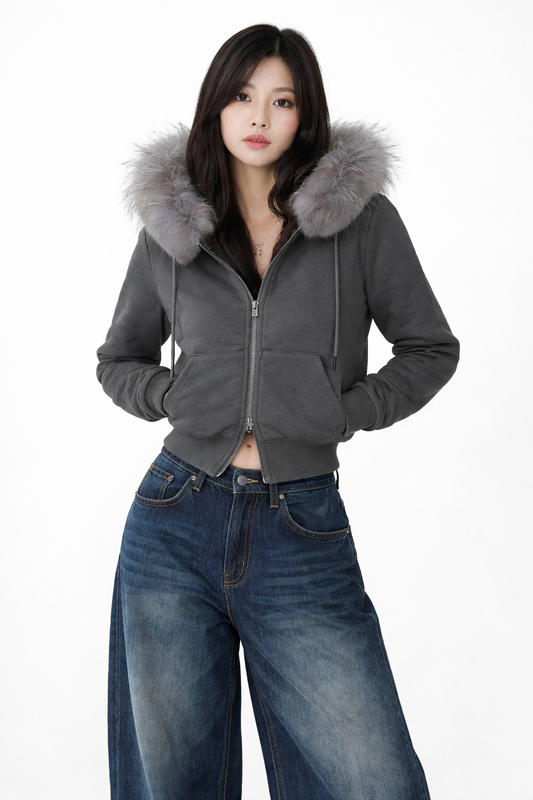Veste Crop Fur Zip Y2K Streetwear